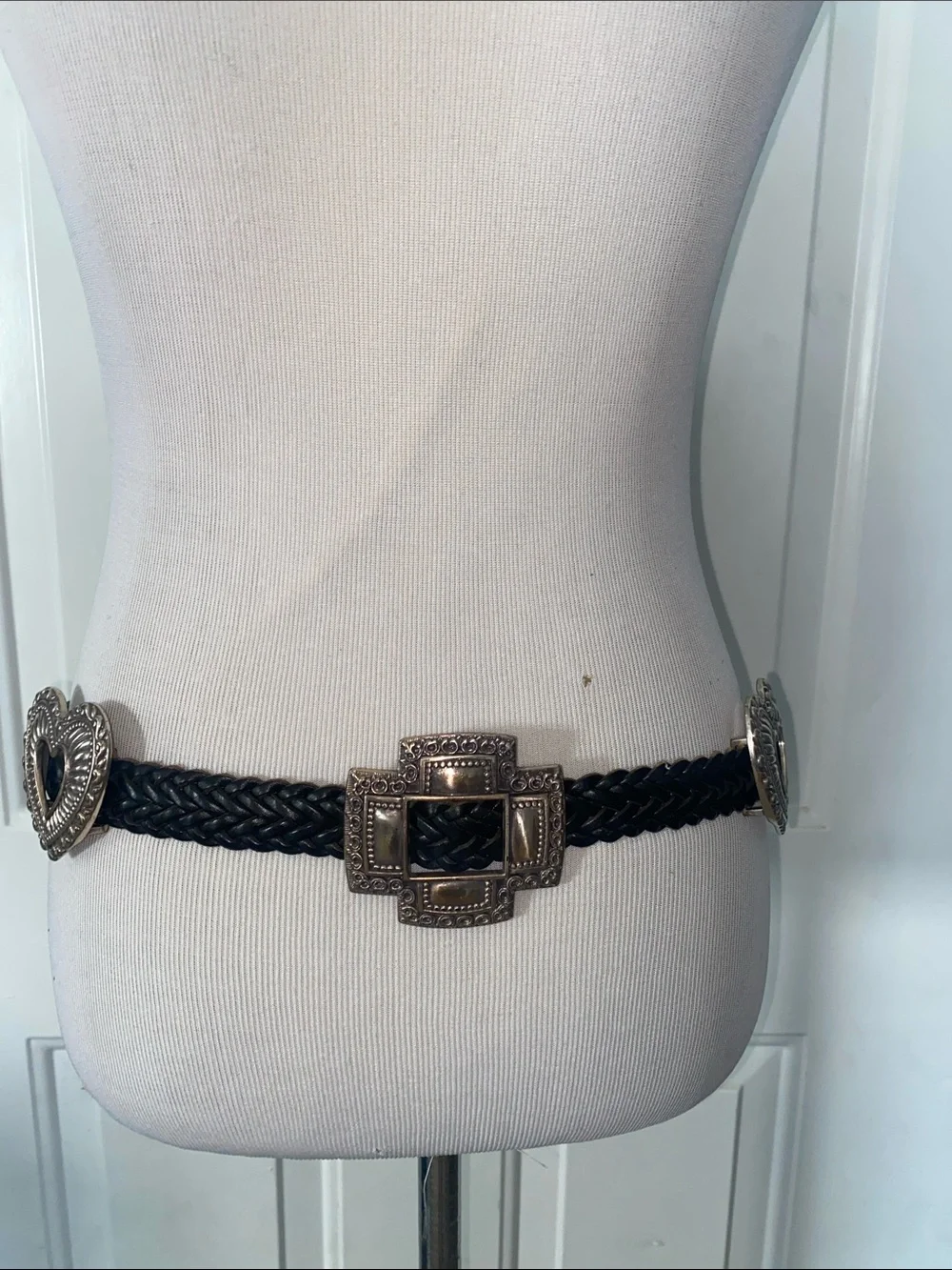 Vintage 1994 Brighton Woven  Black Leather Belt Silver Large Buckles Conchos L
